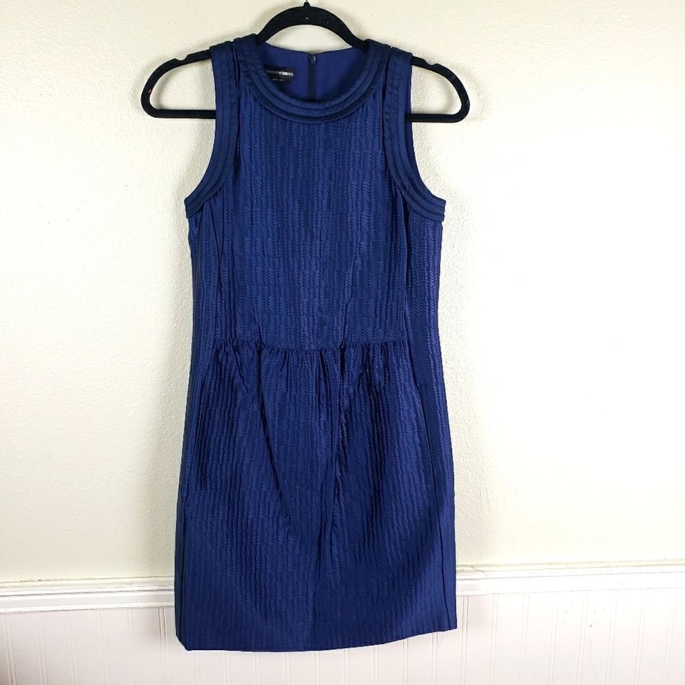 Emporio armani Women's Navy Blue Textured Zip Up Designer Elegant Chic Dress XS